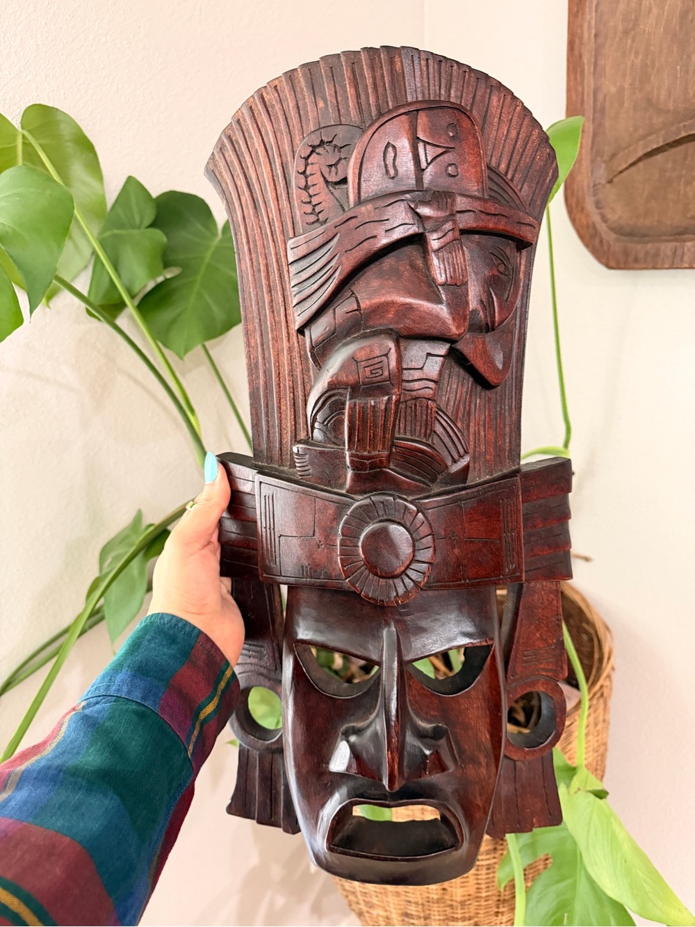 Large Hand-Carved Wood Warrior Mask Wall Decor 20”